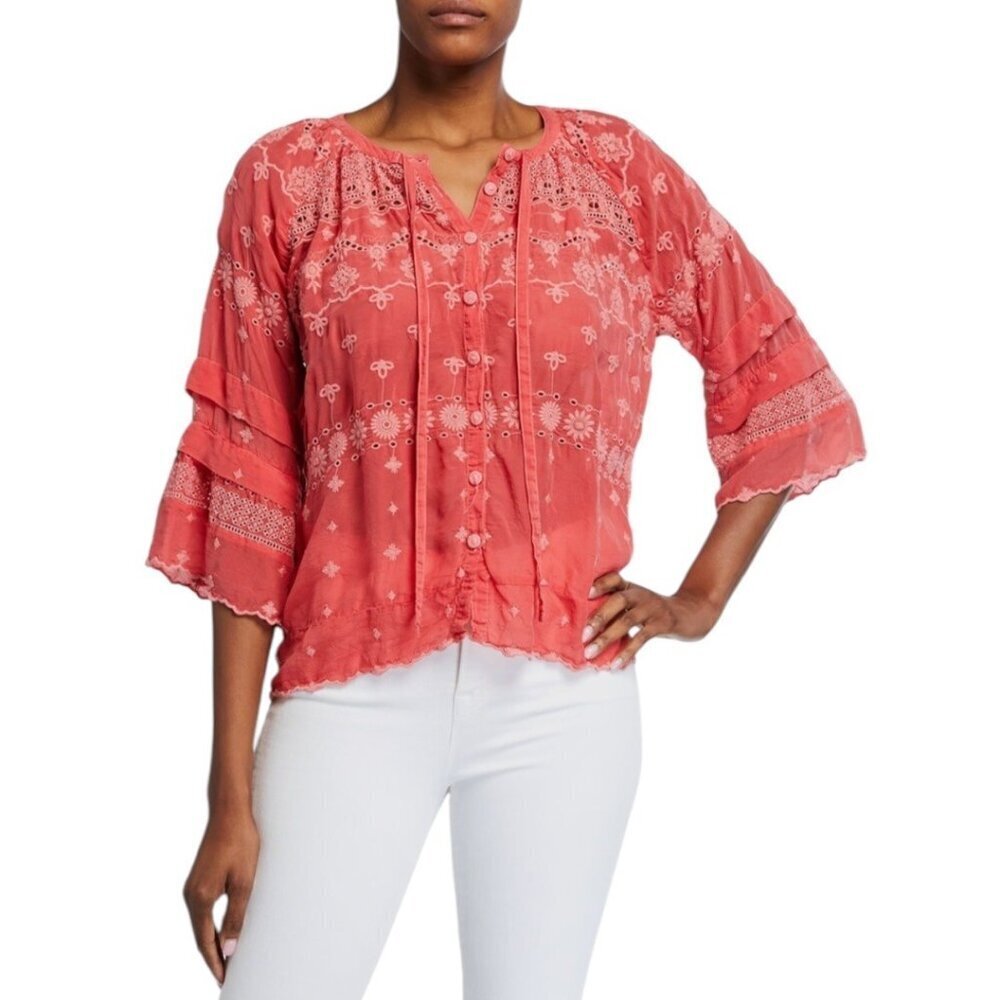 Johnny Was Embroidered Tay Eyelet Top Womens Size Small Flare Sleeve Blouse Boho
